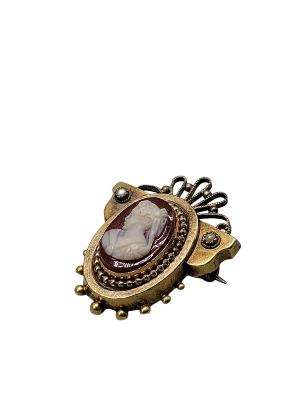 Antique Victorian Carnelian Carved Cameo Brooch Gold Plated Seed Pearl Accents - Picture 8 of 12